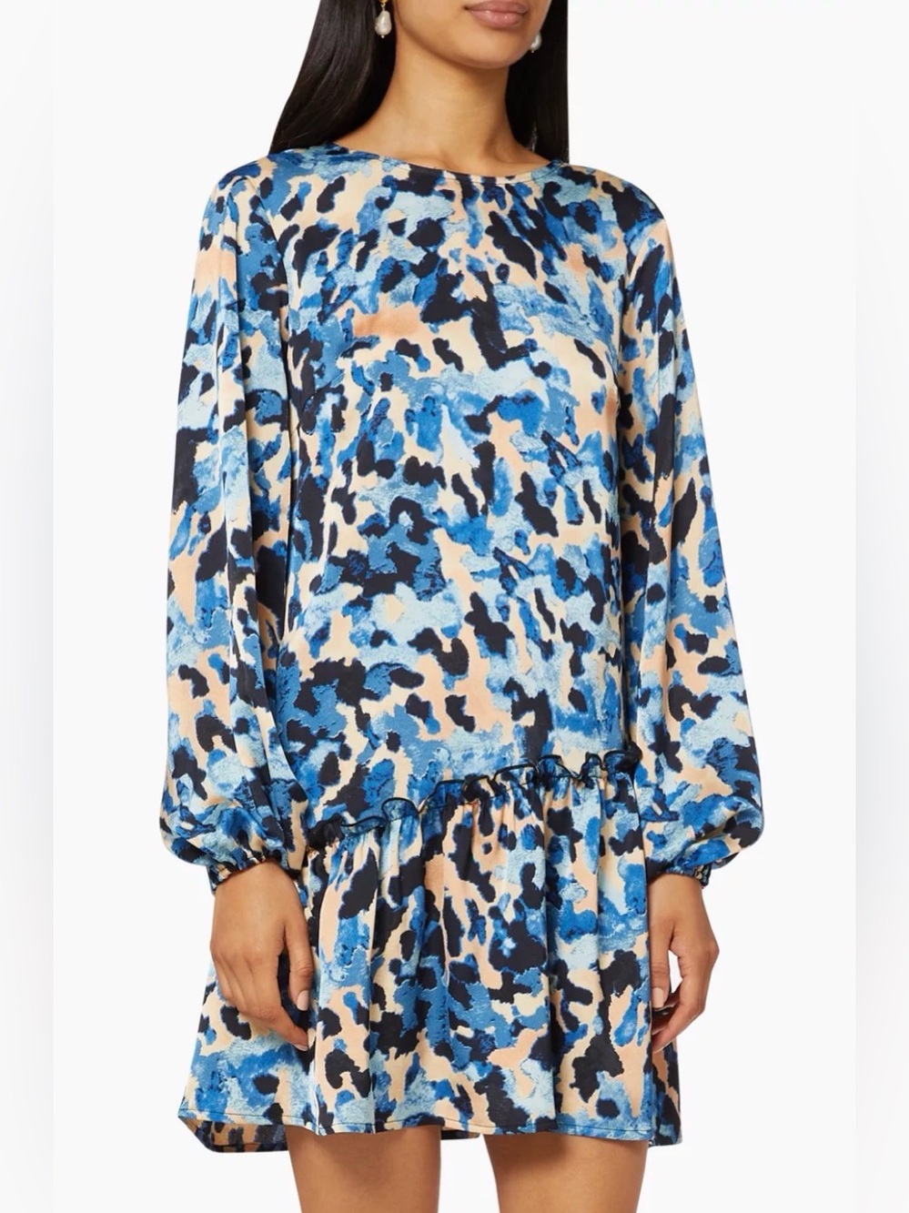 Never Fully Dress RiRi Mini Dress size 6 Blue Abstract Leopard Print Long Sleeve